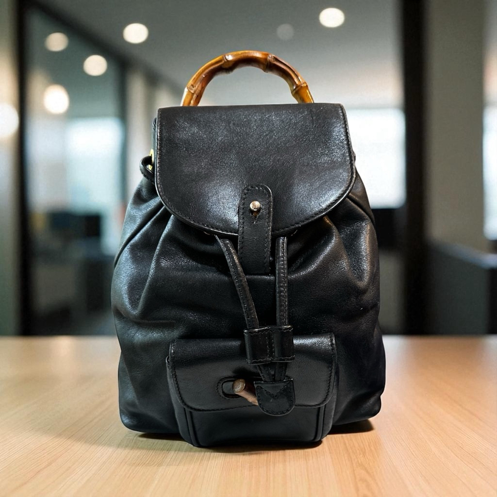 Gucci Black Leather Bamboo Handle Leather Backpack